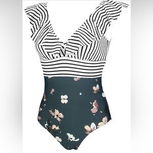 COCOSHIP Women's One Piece Bather Deep V Neckline Bikini Striped Front Backless